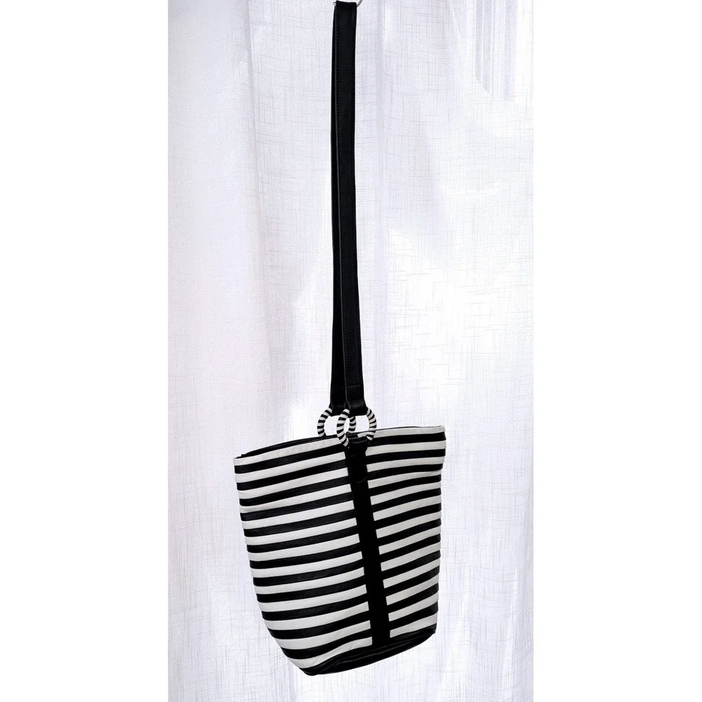 I. Magnin Vintage Black White Striped Leather Shoulder Bag Made in Italy